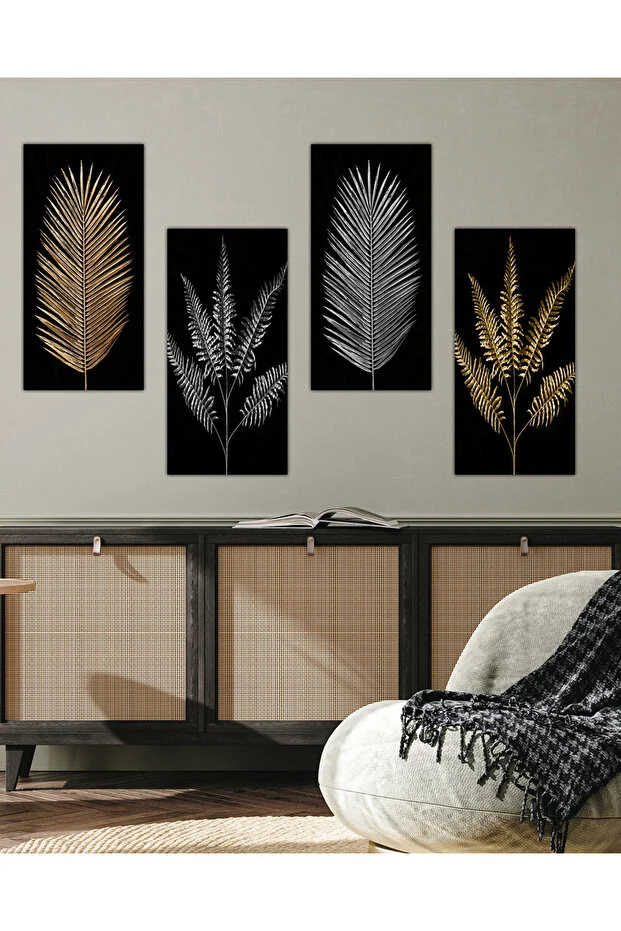 Gold Gümüş Yaprak Desen 4 Parçalı Mdf Tablo